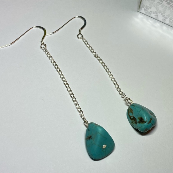 Turquoise Nugget Sterling Silver Drop Dangle Earrings - Picture 13 of 14